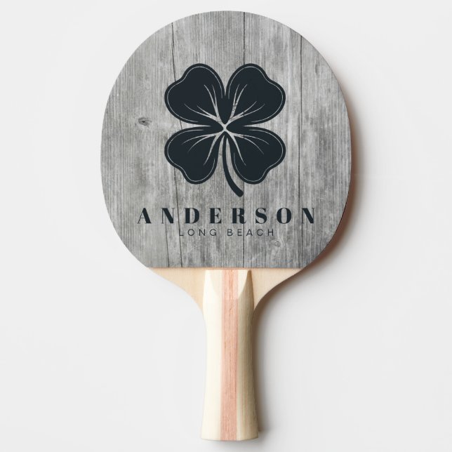 Grey Timber Four Leaf Clover with Name Ping Pong Paddle (Front)