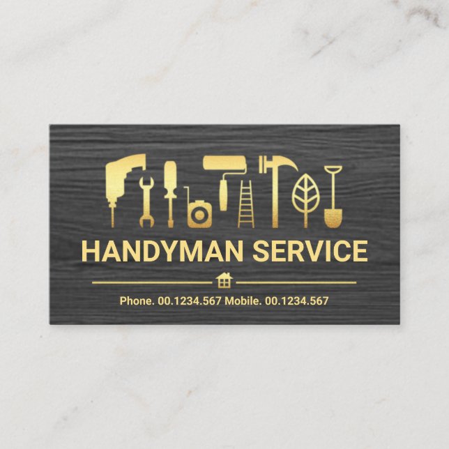 Grey Timber Gold Handyman Tools Business Card (Front)