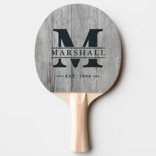 Grey Timber Monogram & Name Overlay Ping Pong Paddle