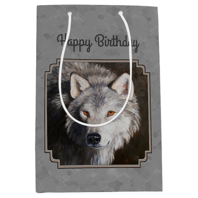 Grey Timber Wolf Face Medium Gift Bag (Front)