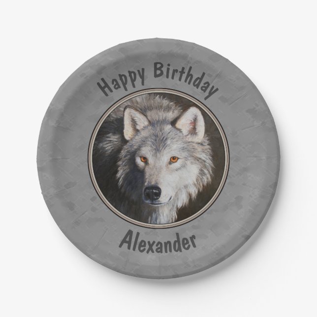 Grey Timber Wolf Face Paper Plate (Front)