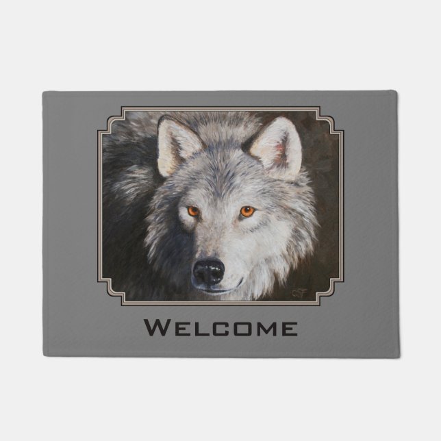 Grey Timber Wolf Face Portrait Doormat (Front)