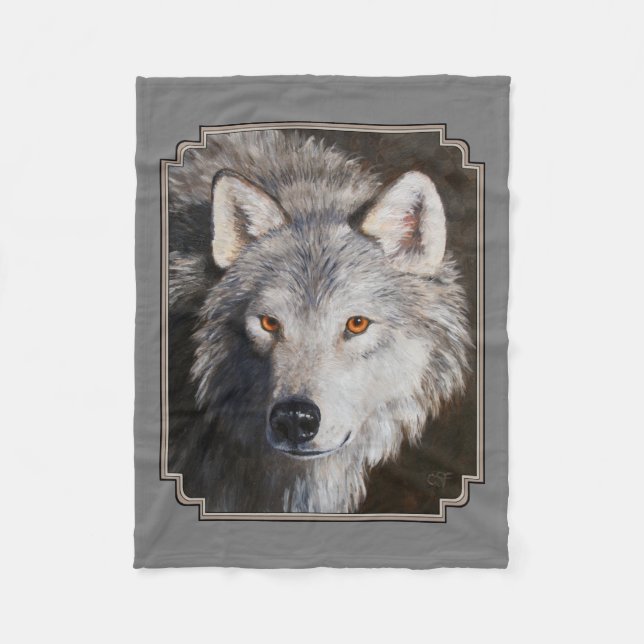Grey Timber Wolf Face Portrait Fleece Blanket (Front)