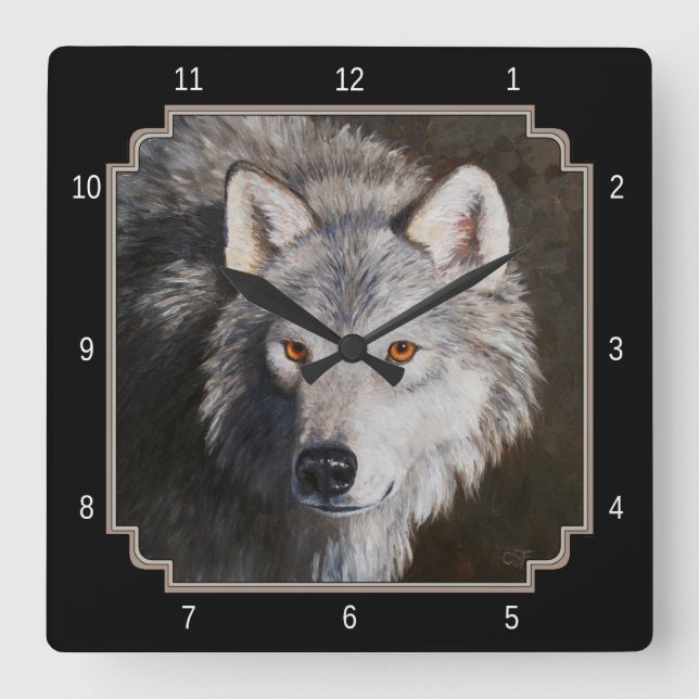 Grey Timber Wolf Face Square Wall Clock (Front)