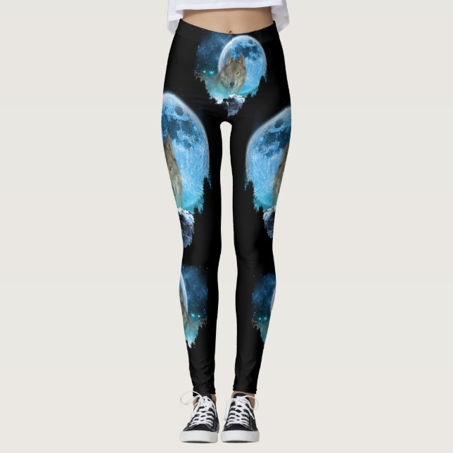 Grey Timber Wolf Full Moon Escape Leggings (Front)