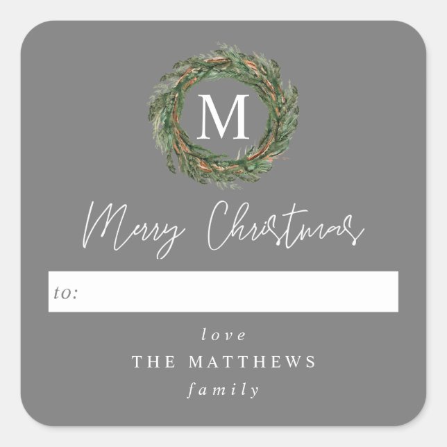 Grey To Wreath Monogram Merry Christmas Square Sticker (Front)