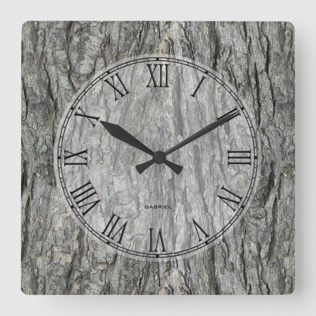 Grey Tones Rustic Wood Bark Square Wall Clock (Front)