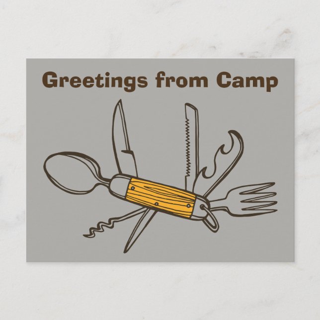 Grey Tool Greetings from Camp Postcard (Front)