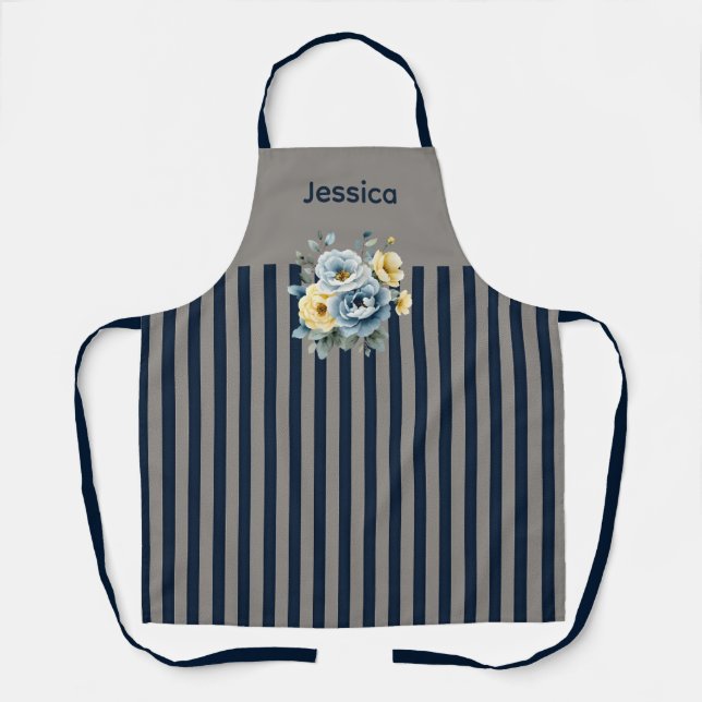 Grey Top with Navy Stripes Floral  Apron (Front)