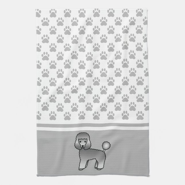 Grey Toy Poodle Dog With Dog Paws Pattern Tea Towel (Vertical)