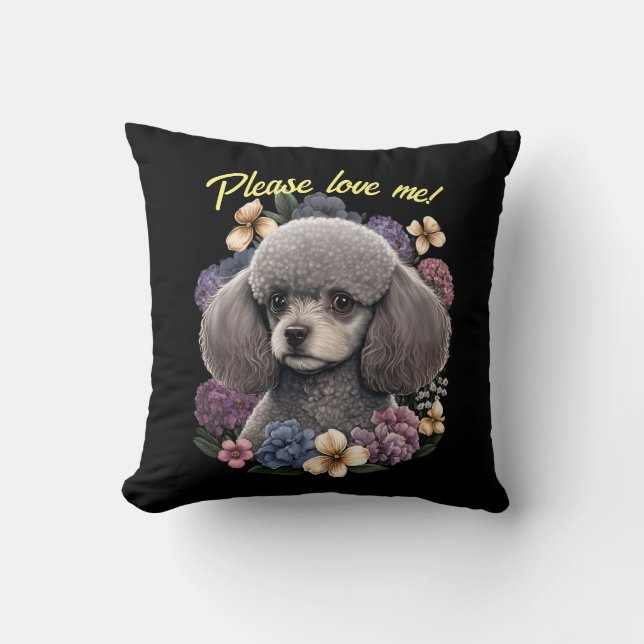 Grey Toy Poodle Throw Pillow & Customisable Text (Front)