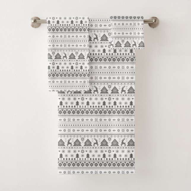 Grey Traditional Scandinavian Nordic Christmas Bath Towel Set (Insitu)