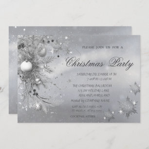 Grey Tree Branch Balls Snowflakes Christmas Invitation