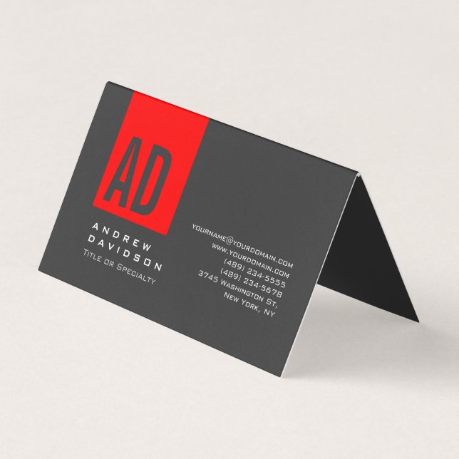 Grey Trendy Red Stripe Monogram Business Card (Front)