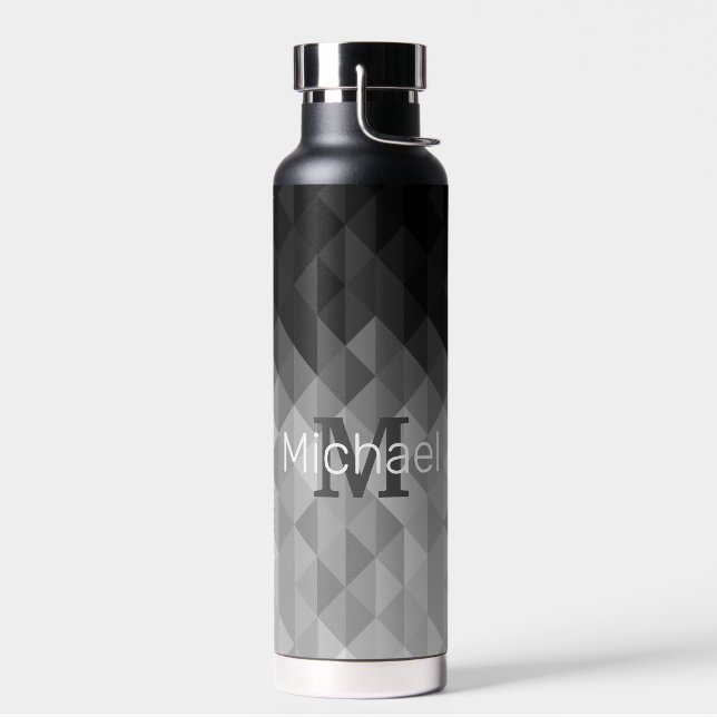 Grey triangle geometric squares pattern Monogram Water Bottle (Left)