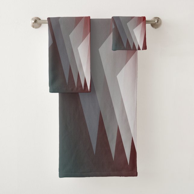 Grey triangles on teal burgundy bath towel set (Insitu)