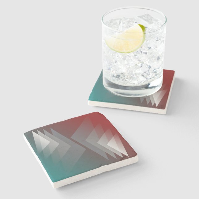 Grey triangles on teal burgundy stone coaster (Side)