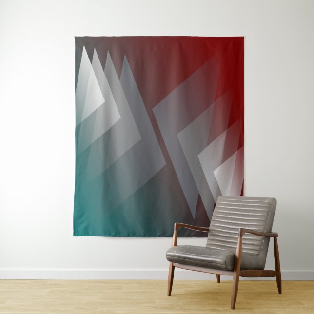 Grey triangles on teal burgundy tapestry (In Situ)