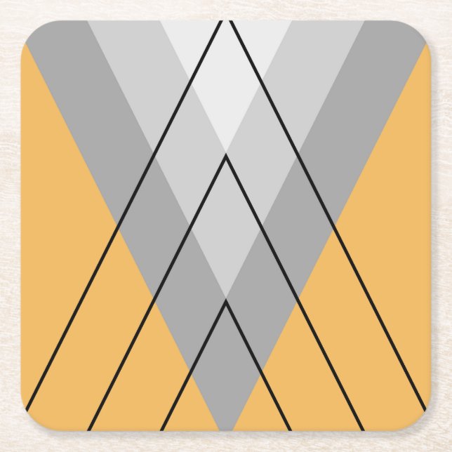 Grey triangles on yellow background square paper coaster (Front)