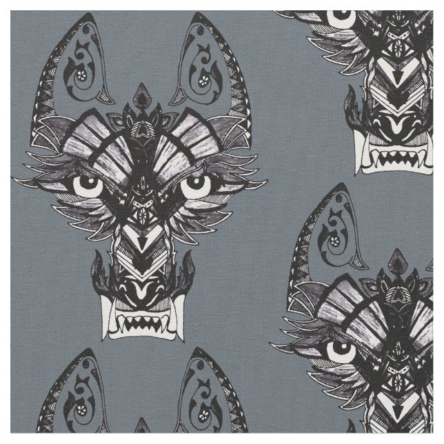 Grey tribal wolf fabric (Close Up)