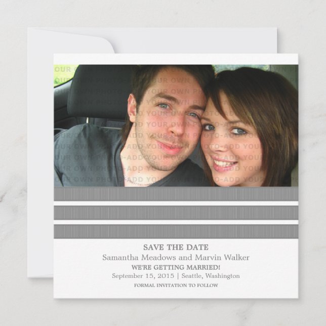 Grey Triple Stripe Photo Save the Date Invite (Front)
