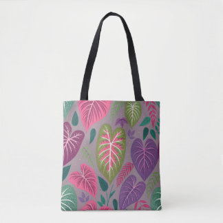 Grey Tropical Heart Leaf Pattern Tote Bag