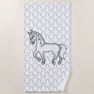 Grey Trotting Horse Cute Cartoon Illustration Beach Towel