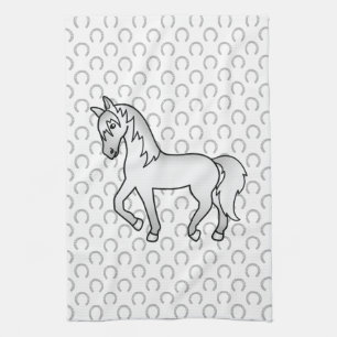 Grey Trotting Horse Cute Cartoon Illustration Tea Towel