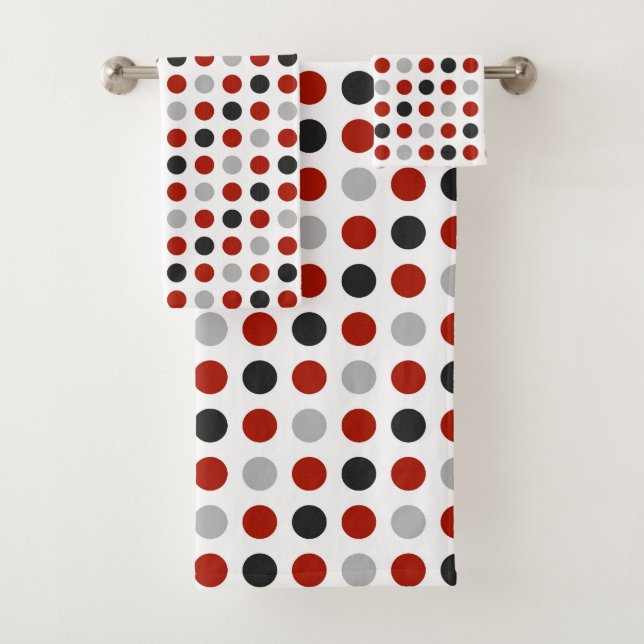 grey, turkey red and white dots bath towel set (Insitu)
