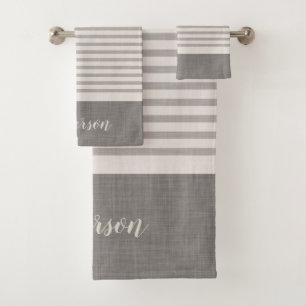 Grey Turkish Stripes Monogram Farmhouse Bath Towel Set