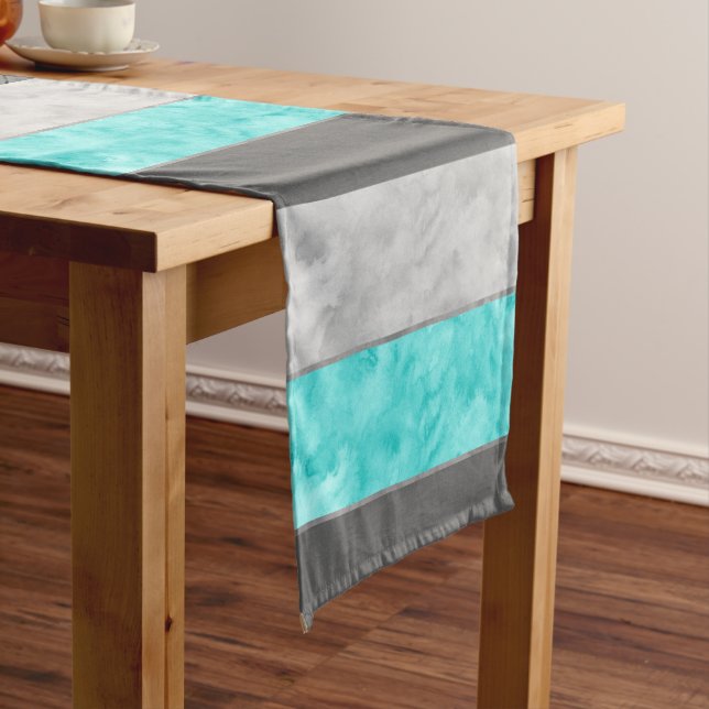 Grey Turquoise Block Stripes Short Table Runner (In Situ)