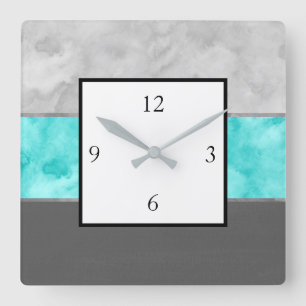 Grey Turquoise Block Stripes Square Wall Clock