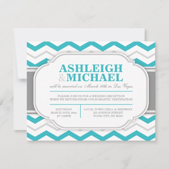 Grey & Turquoise Chevron Wedding Reception ONLY Invitation (Front)