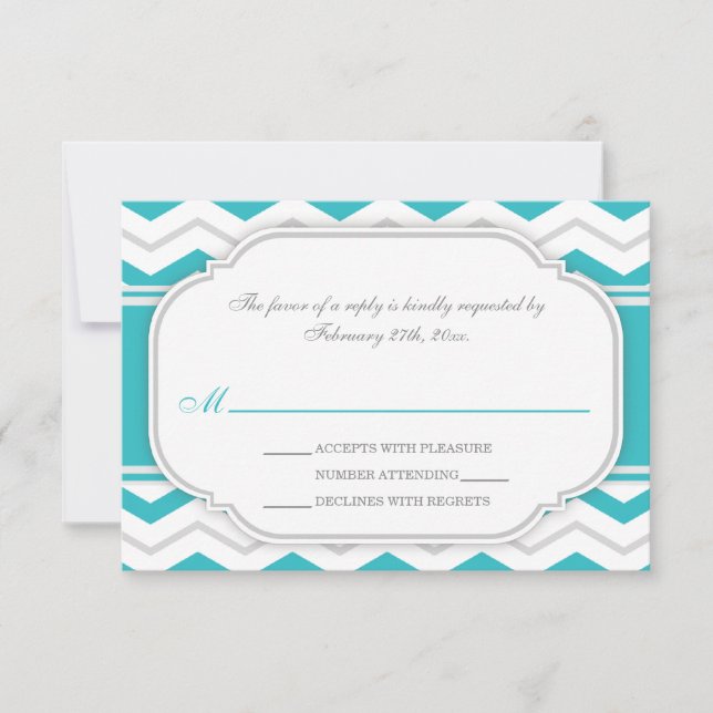 Grey Turquoise Chevron Wedding Reception RSVP Card (Front)