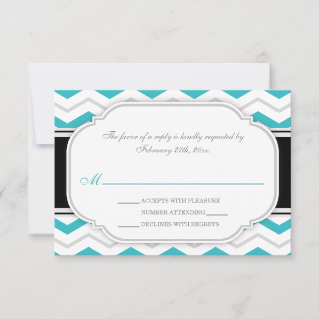 Grey Turquoise Chevron Wedding Reception RSVP Card (Front)