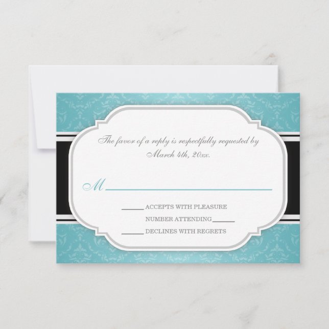 Grey Turquoise Damask Wedding Reception RSVP Cards (Front)