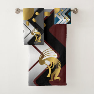 Grey Turquoise Southwestern Gold Kokopelli Bath Towel Set