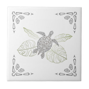 Grey Turtle And Ornament Tropical Ceramic Tile