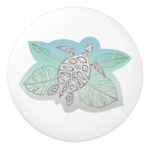 Grey Turtle Tropical Leaves Ceramic Knob
