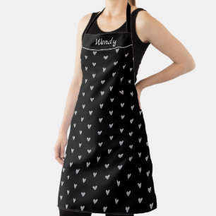  Grey Valentines Heart Polka Dot Pattern on Black Apron
