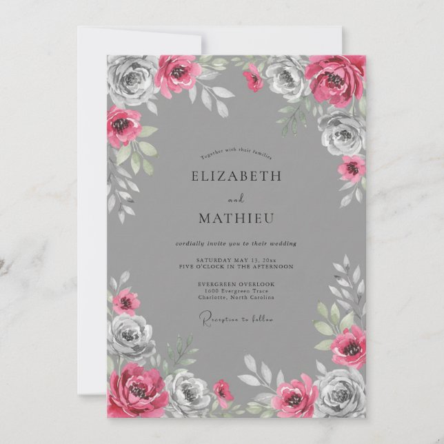 Grey Vibrant Floral Wedding Invitation (Front)