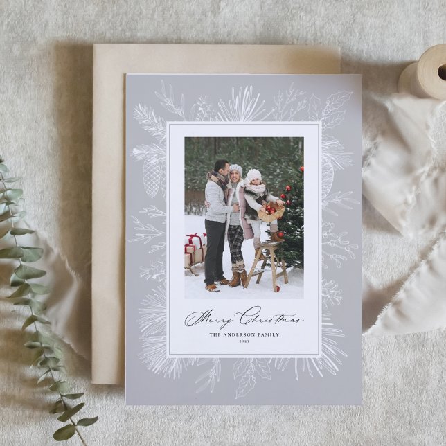 Grey Vintage Botanical Frame Christmas Photo Card (Creator Uploaded)