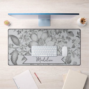Grey Vintage Chinoiserie Floral Desk Mat
