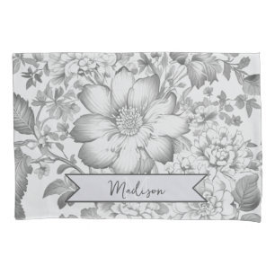 Grey Vintage Chinoiserie Floral Personalised Pillowcase