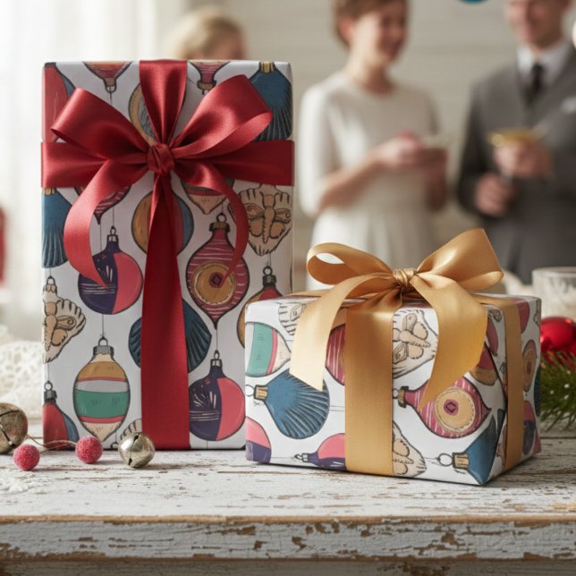 Grey Vintage Christmas Ornaments Pattern Wrapping Paper (Festive Vintage Christmas Ornaments Wrapping Paper in Light Gray. Nostalgic Retro Ornaments Pattern)