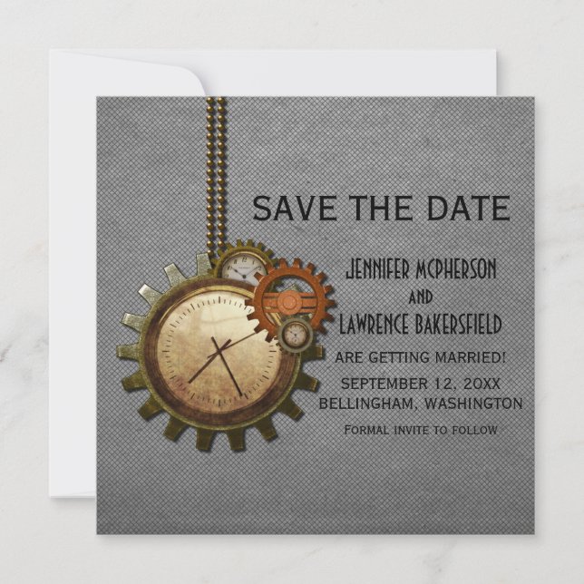 Grey Vintage Clock Save the Date Invite (Front)
