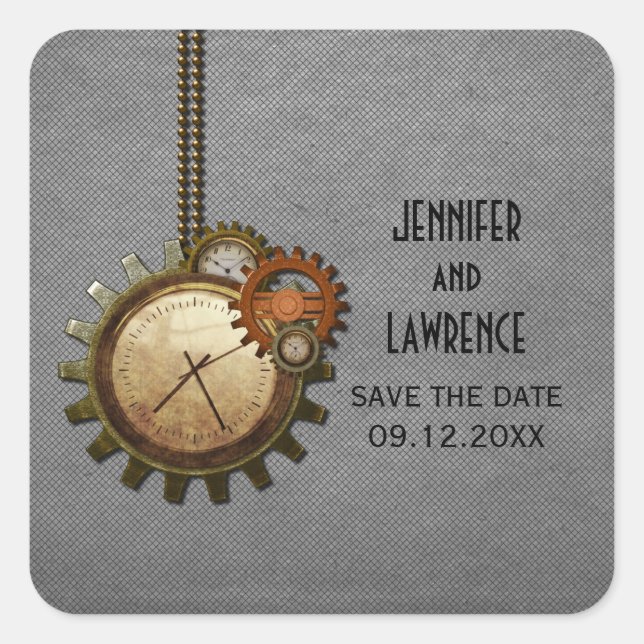 Grey Vintage Clock Save the Date Stickers (Front)