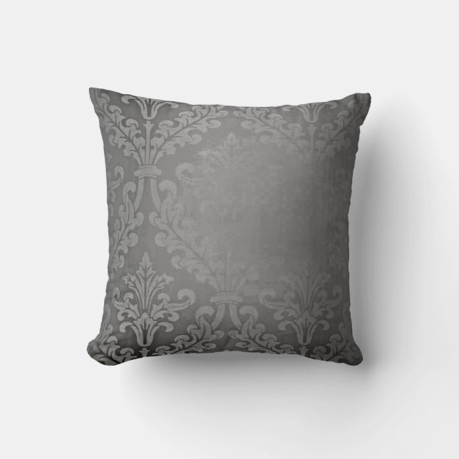 Grey vintage damask distressed looking deco pillow (Front)