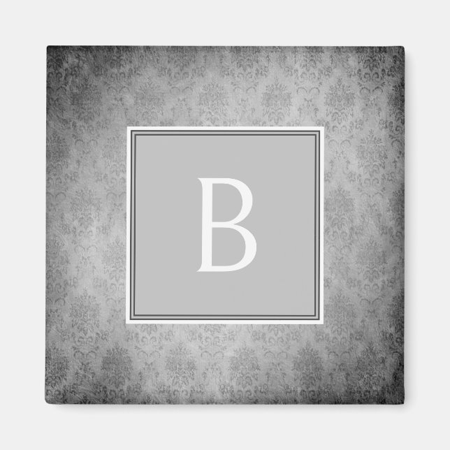 Grey Vintage Damask Monogram Magnet (Front)