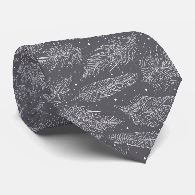 Grey vintage feather pattern tie (Rolled)